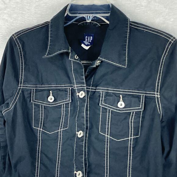 VTG Y2K Gap Cropped Denim Trucker Jacket Womens S Stretch Black White Stitch - Picture 2 of 11